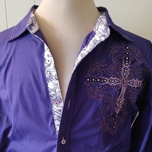 VICTORIOUS Men's Purple Embroidered Long Sleeve Cuffed Button Up Shirt XL